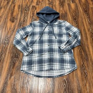 Eden & Olivia Women's Size M Blue Plaid Button Down Hoodie Shirt Anthropologie